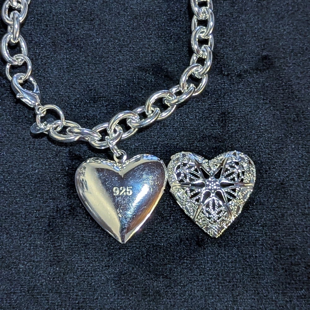 925 Sterling Silver Heart Locket Charm Bracelet Adjustable Picture - Picture 4 of 8